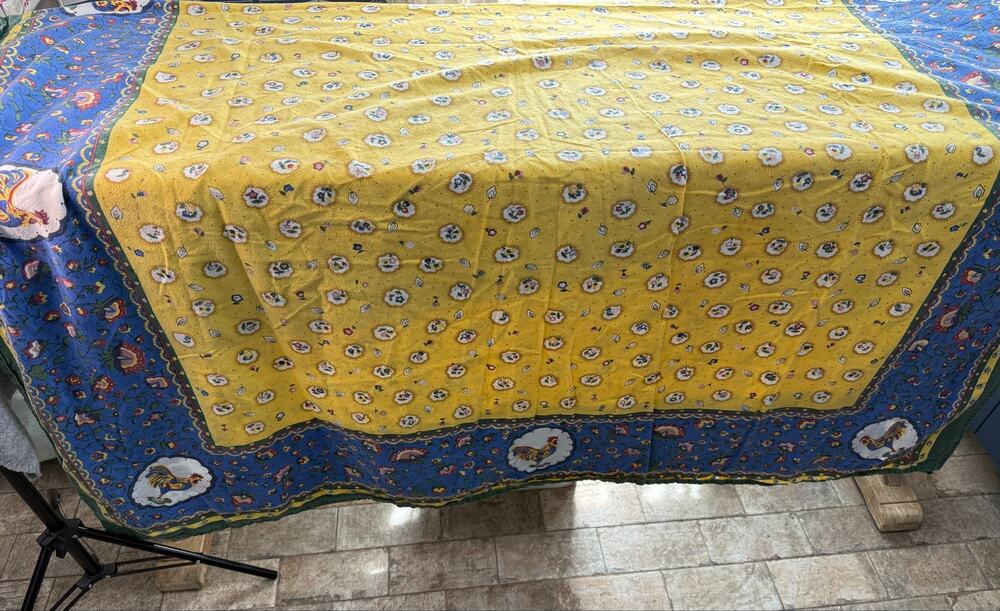 Vintage Style French Country Rooster Tablecloth Yellow Blue Floral Cotton 60x90